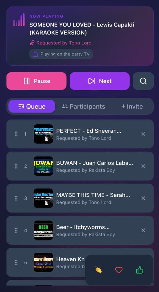 Host controls: queue, pause, next, and participants